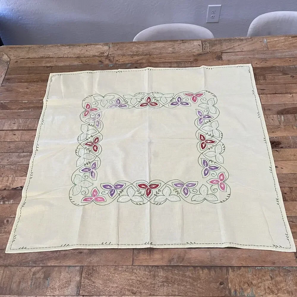 Hand-Embroidered Linen Kitchen Towel 29 x 33 in Yellow w/ Multicolor Floral